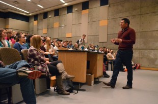 CU Boulder alumnus and CNBC anchor Carl Quintanilla visited Professor Anand Sokhey's class on American politics on Tuesday, Oct. 27 2015.
(Photo by Casey  Cass/University of Colorado)