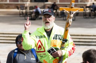 A Christian extremist speaks to a group of students outside of the UMC on October 28th, 2015. (Will McKay/CU Independent)