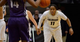 Colorado Buffalos senior guard, Brittany Wilson with her eyes on the prize during Wednesday night's game against the TCU Horned Frogs. This game being a Women's NIT game it was important for the girls to stay focused and play their best. (Elizabeth Rodriguez/ CU Independent)