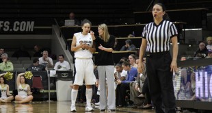 Head coach Linda Lappe directs senior Jamee Swan before putting her in the game. Coors Events Center on Dec. 9, 2015. (Will McKay/CU Independent)