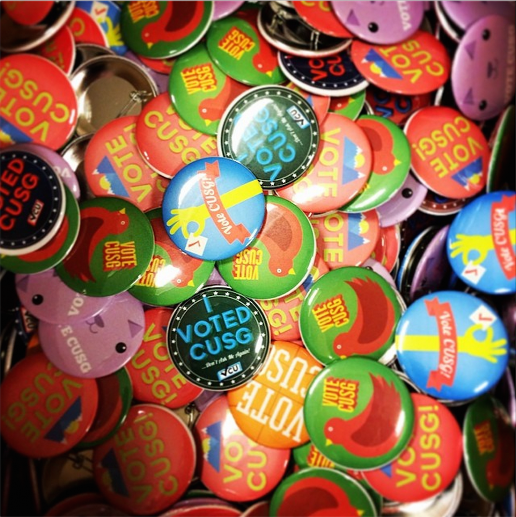 CU Student Government printed buttons for voters in this year's spring elections. (Photo courtesy Wyatt Ryder/CU Student Government)