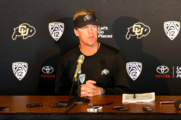 Colorado Head Coach Mike MacIntyre speaks at the Tuesday press conference prior to the Rocky Mountain Showdown in Denver against CSU. Coach MacIntyre categorizes the upcoming game as “a heck of a rivalry." (Nigel Amstock/CU Independent)