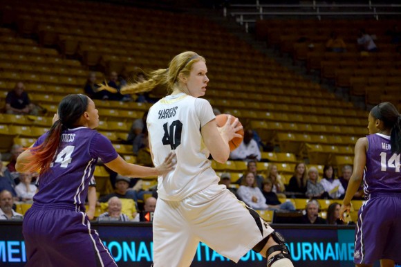 Colorado Buffalos senior center, Rachel Hargis (40) defending the ball against junior guard, Natalie Ventress (24) during the TCU game on Wednesday night. This was the Women's NIT tournament hosted by the University of Colorado in Boulder. (Elizabeth Rodriguez/ CU Independent)