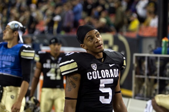 Freshman wide receiver Shay Fields looks up at the scoreboard late in the 4th quarter. Fields tied the CU record for catches in a debut game with 8. (Matt Sisneros/CU Independent)