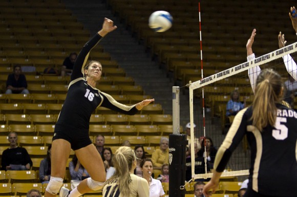 Senior outside hitter Taylor Simpson goes to spike the ball against Georgia Southern during the Omni Classic on Sept. 6, 2014, in Boulder, Colo. Despite having an 8-1 record before this weekend, the Buffs found trouble in the Creighton Classic, losing all three games. (Matt Sisneros/CU Independent)