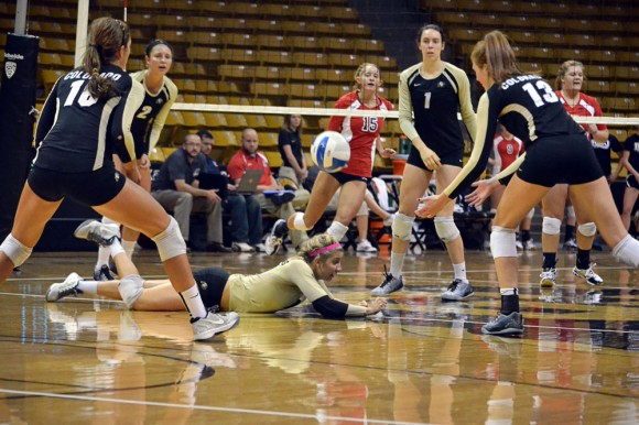 Colorado sophomore Cierrra Simpson (10)  dives to save the ball as her teammates look on, Saturday, Sept. 13, 2014, in the Omni Invitational. (Elizabeth Rodriguez/ CU Independent)