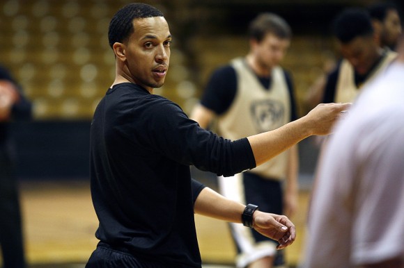 Rodney Billups, Colorado assistant coach, positions some players during practice in the Coors Events Center, Friday, Feb. 21, 2014, in Boulder, Colo. Billups has coached at Colorado for 5 years. (Kai Casey/CU Independent)