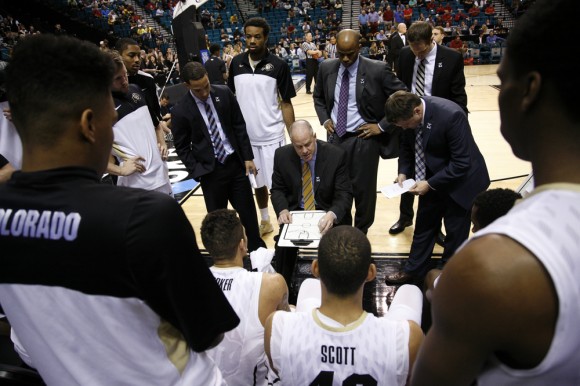 Colorado head coach Tad Boyle talks to his team during a timeout of a first-round Pac-12 Tournament game between Colorado and Southern California on Wednesday, March 12, 2014, at the MGM Grand Garden Arena in Las Vegas, Nev. (Kai Casey/CU Independent)