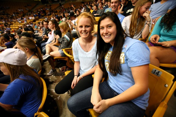 Katrina Kedzior, left, and Abby Schuster pose for a portrait during an NBA preseason game between the Denver Nuggets and the Portland Trail Blazers, Tuesday, Oct. 21, 2014, at the Coors Events Center in Boulder, Colo. (Kai Casey/CU Independent)