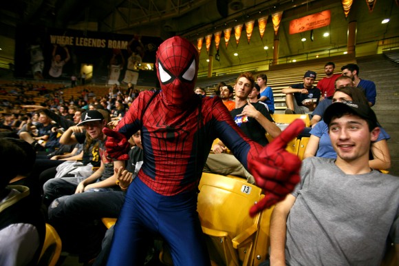 Bryce Oberg, dressed as SpiderMan, poses for a portrait during an NBA preseason game between the Denver Nuggets and the Portland Trail Blazers, Tuesday, Oct. 21, 2014, at the Coors Events Center in Boulder, Colo. (Kai Casey/CU Independent)