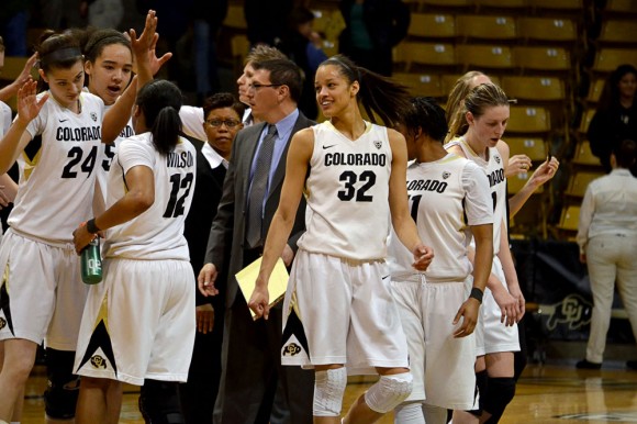The Colorado women's basketball team celebrates their 78-71 win against the TCU Horned Frogs in the NIT, March 19, 2014. (Elizabeth Rodriguez/ CU Independent)