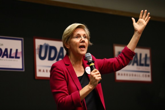 Massachusetts Senator Elizabeth Warren addresses a packed crowd in Chem 140 at a Udall campaign event. Prior to her election to the Senate in 2012, Warren was known for being an active consumer protection advocate. (Nigel Amstock/CU Independent)