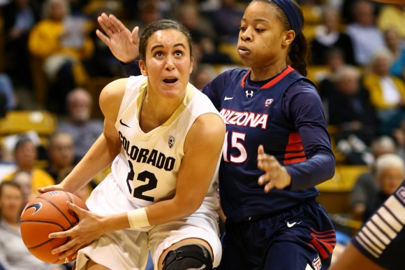 Colorado freshman guard Haley Smith drives past an Arizona defender during a 68-47 win on Jan. 24, 2014. (Nigel Amstock/CU Independent)