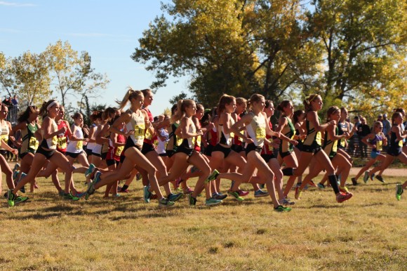 University of Colorado women's cross country team takes the outside starting position during Saturday's meet at CU's South Campus. (Gray Bender/CU Independent)