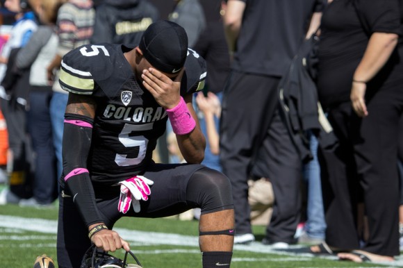 Freshman wide receiver Shay Fields (5) kneels in the end zone before kickoff of the game against Oregon State on Saturday in Boulder, Colo. (Matt Sisneros/CU Independent)