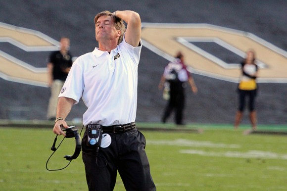 Colorado head coach Mike MacIntyre expresses his disappointment after his team failed to convert the first down on their final drive. Click here for more photos. (Matt Sisneros/CU Independent)