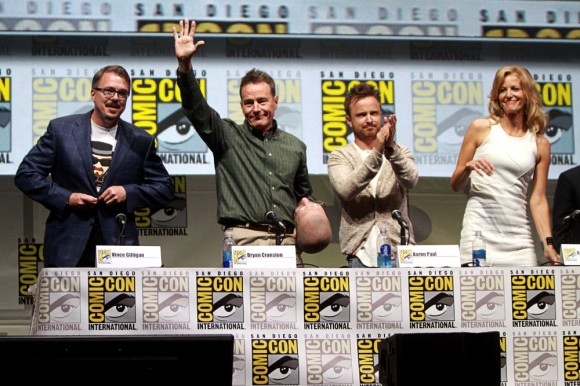 From left to right, Vince Gilligan, Bryan Cranston, Aaron Paul and Anna Gunn speak at the 2013 San Diego Comic Con International for "Breaking Bad," at the San Diego Convention Center in San Diego, Calif. (Photo Courtesy of Gage Skidmore/Wikimedia Commons)