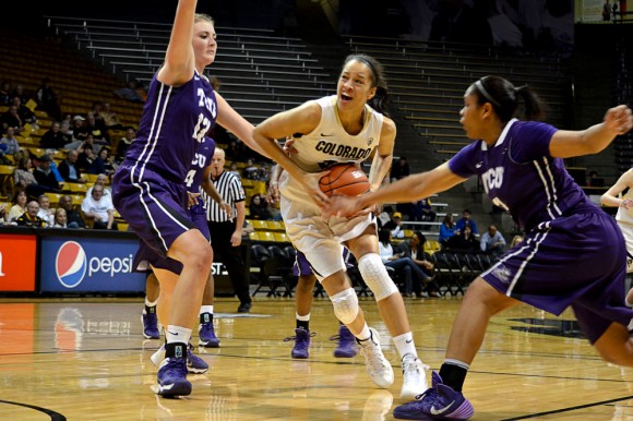 Colorado Buffaloes sophomore forward Arielle Roberson (32) keeps the ball away from the TCU Horned Frogs during an NIT game last season. (Elizabeth Rodriguez/CU Independent)