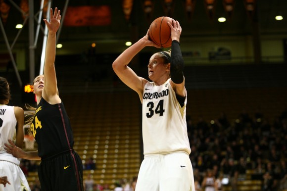 Colorado junior forward Jen Reese (34) shoots a mid-range jumper past the reach of Arizona State's Kelsey Moos (24) during a women's NCAA basketball game between Colorado and No. 14 Arizona State, Sunday, Jan. 26, 2014, at the Coors Events Center in Boulder, Colo. (Kai Casey/CU Independent)