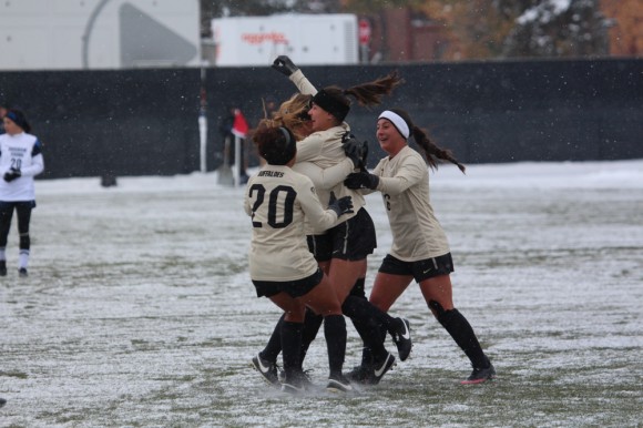Olivia Pappalardo celebrates her first goal with teammates early in the first half of Saturday's game against BYU. (Gray Bender/CU Independent)