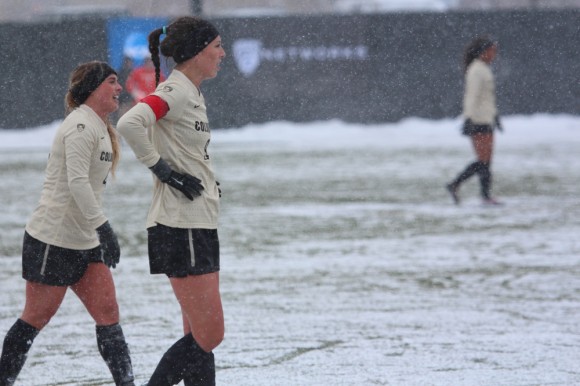 Colorado's Darcy Jerman, senior, looks through the thickening snow during a break in play on against BYU in the first round of the NCAA Tournament. The Buffs post season was ended as they fell to North Carolina in the second round on Friday, Nov. 21, 2014. (Gray Bender/CU Independent)