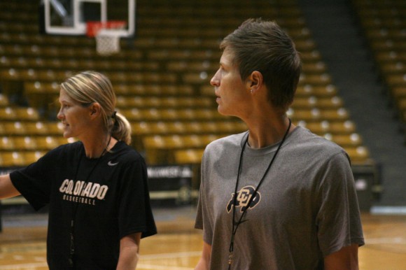 Assistant coach Jenni Benningfield (R) and Head coach Linda Lappe (right)  direct their players through drills and plays in preparation for the upcoming Women's Basketball season. (Alexandra Greenwood/CU Independent)