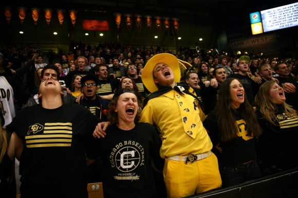 The C-Unit sings Colorado alma mater after an NCAA college basketball game between the Colorado Buffaloes and the Auburn Tigers, Monday, Nov. 17, 2014, at the Coors Events Center in Boulder, Colo. (Kai Casey/CU Independent)