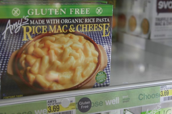 A box of Amy's Mac & Cheese sits in the refrigerated aisle at the Target on Pearl Street. Amy's Kitchen supports non-GMO food and proudly displays their green label "No Genetically Engineered Ingredients" on the bottom right corner of their boxes. (Jade Lang/CU Independent)