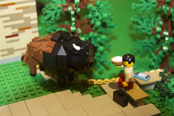 A replica buffalo made of Legos at the Heritage Center’s newest Lego CU Boulder exhibit is just one of many buffaloes featured on the Lego campus. Kits to build these buffaloes are now on sale to the public at the Center. (Jade Lang/CU Independent)