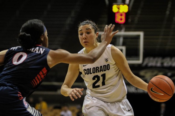 Senior Jasmine Sborov charges down the court during the Buffs 81-69 win over the Arizona Wildcats at Coors Event Center (Robert Hylton/CU Independent)