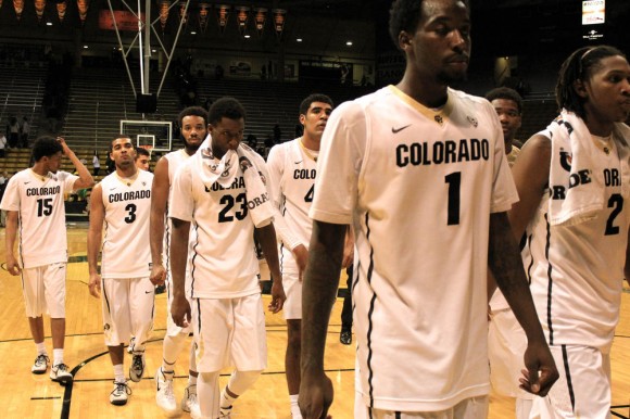 The Buffs walking off the court after a loss to the California Bears at the Coors Event Center on Feb. 12, 2015. (Robert Hylton/CU Independent)