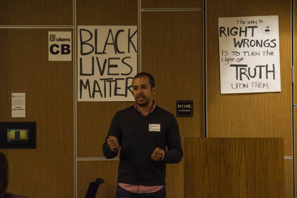 The Political and Organizing Director of One Colorado, Daniel Ramos, speaks on his  journey to achieve LGBT equality during the "And Justice For All?" forum in Kittredge North on February 18, 2015. (Robert Hylton/CU Independent)