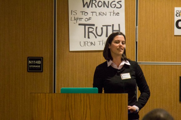 Jessica Polini, Investigator at the Office of Institutional Equity and Compliance at the University of Colorado, speaking on the issues we have addressing sexual misconduct  during the "And Justice For All?" forum in Kittredge North on February 18, 2015. (Robert Hylton/CU Independent)