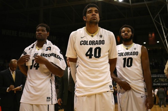Tory Miller, Josh Scott and Tre’Shaun Fletcher display a somber look folowing the Buffs 82-54 loss to the Arizona Wildcats. (Nigel Amstock/CU Independent)