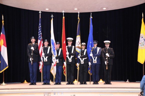 CU Boulder's Joint ROTC Color Guard represents the four divisions of the program available at the university. (Gray Bender/CU Independent)