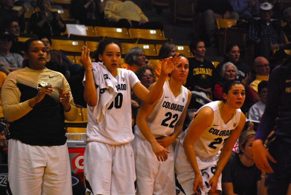 The CU women's basketball team look frustrated as they watch from the sidelines. The Buffs lost to the Washington Huskies 79-67. (Sarah Meisel/CU Independent)
