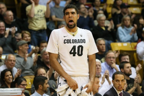 Josh Scott reacts to a massive dunk by Xaiver Johnson during the second half of play at the Coors Event Center. (Nigel Amstock/CU Independent)