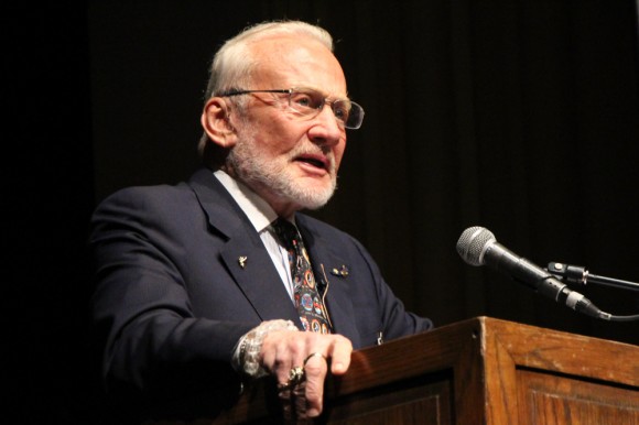 Buzz Aldrin speaks about his experience as a part of the first successful moon landing in human history in Macky Auditorium on March 3, 2015. (Gray Bender/CU Indepndent)