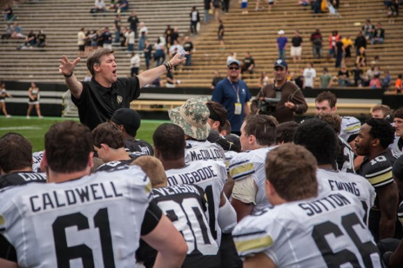 Head coach, Mike MacIntyre addresses both teams after last year's Spring Game on April 12, 2014. (Matt Sisneros/CU Independent)