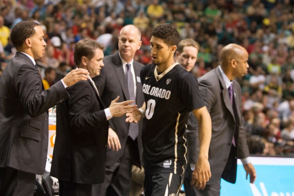 Senior guard Askia Booker checks out for the last time after he fouled out in the waning seconds of Colorado's 93-85 loss to Oregon. (Matt Sisneros/CU Independent)