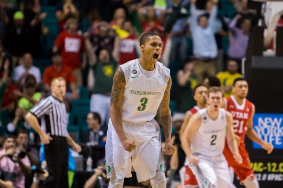 Oregon guard Joseph Young yells in excitement after hitting the game winning shot. Young scored a game high 25 points. (Matt Sisneros/CU Independent)