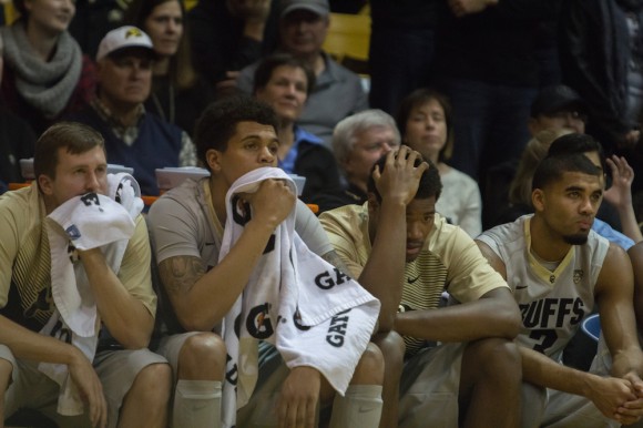 The Buffs bench is disappointed at a loss earl in the 2014-15 season. The Buffs only made it to the second round of this year's Pac-12 Tournament and most recently lost the CBI Tournament, which was hosted in Boulder. (Matt Sisneros/CU Independent)