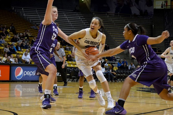 Colorado Buffalos sophomore forward, Arielle Roberson (32) kept the ball away from the TCU Horned Frogs during Wednesday night's game. (Elizabeth Rodriguez/ CU Independent)