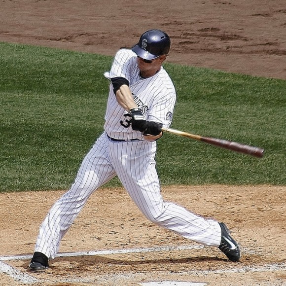 Justin Morneau swings a bat on May 18, 2014. (Photo courtesy of William Andrus/Wikimedia commons)