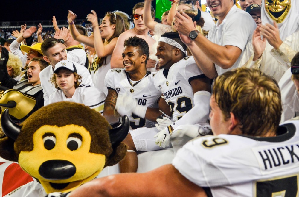 The CU football team celebrating their win on September 19th with the fans and Chip at the Rocky Mountain Showdown. (Elizabeth Rodriguez/CU Independent)