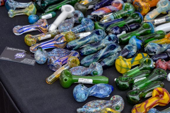 A lineup of glass pipes for sale. April 20, 2019.
