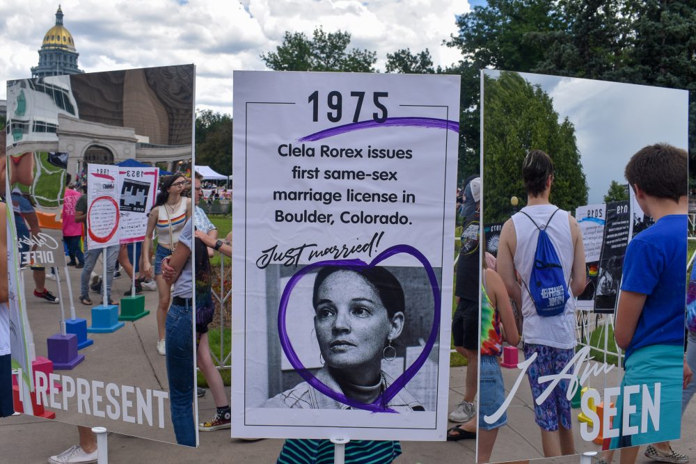 Sign commemorating the first same-sex marriage license in the United States, signed in Boulder by Clela Rorex.